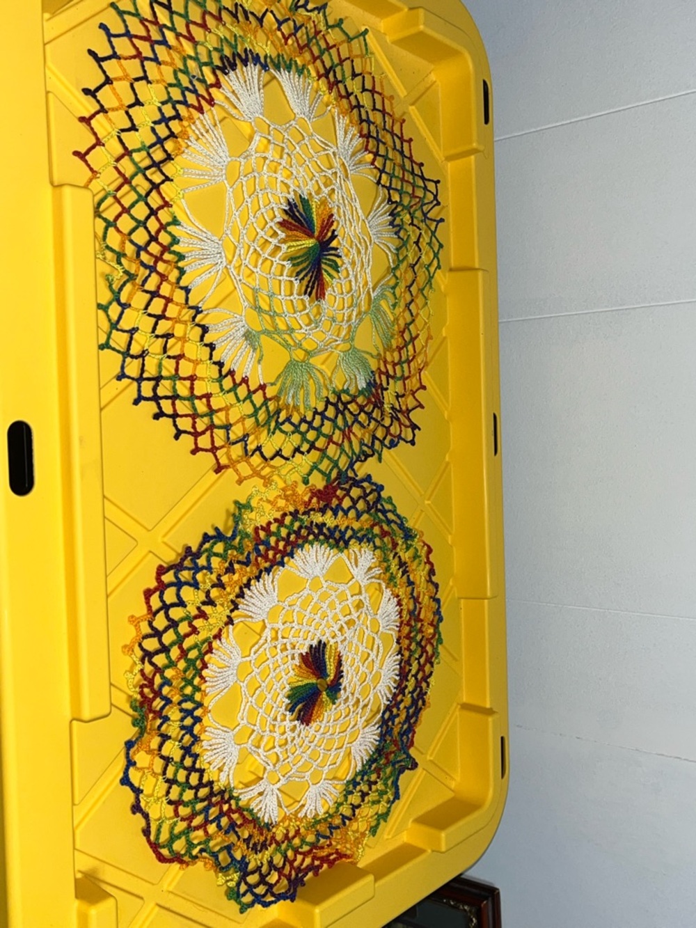 Multi-colored crochet Doilies Table cover/doily great condition